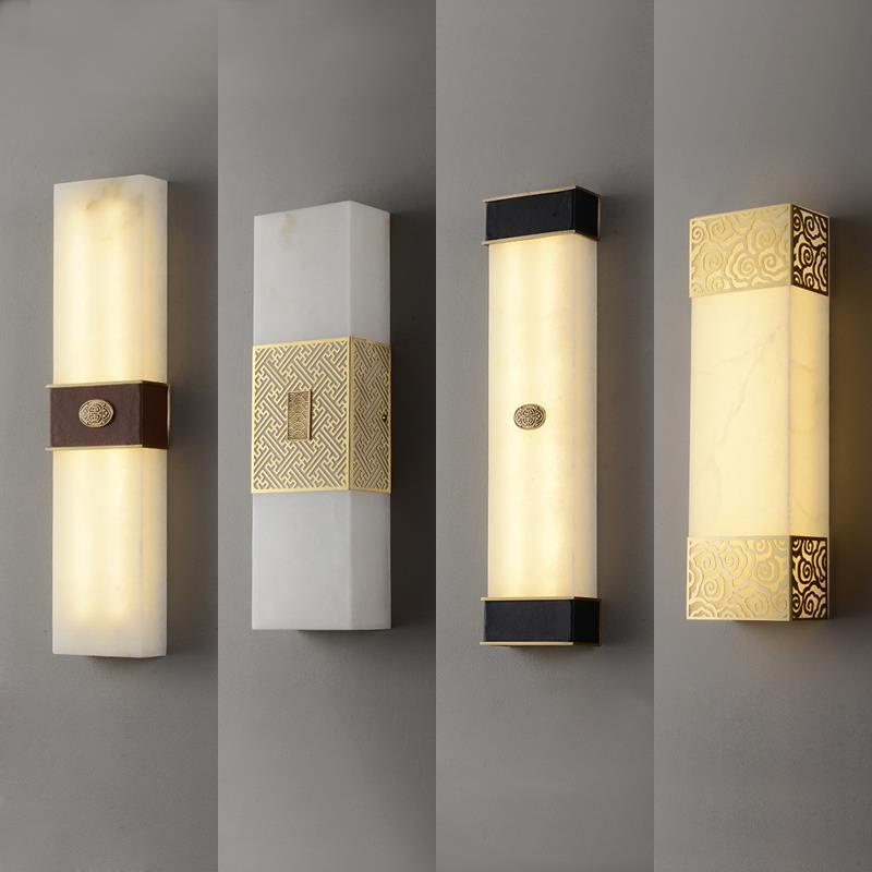 新中式壁灯背景墙客厅装饰灯轻奢书房床头卧室户外防水云石全铜灯