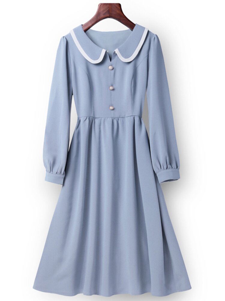 法式茶歇雾霾蓝色连衣裙2021新款秋季女长袖气质小个子收腰桔梗裙