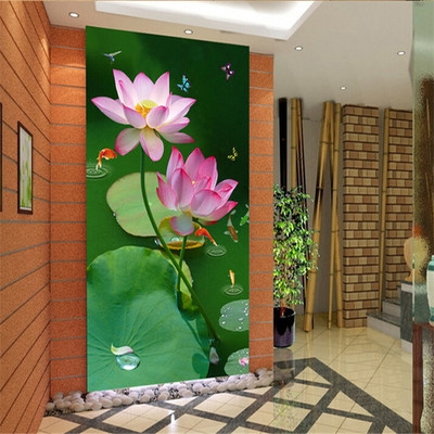 3d立体玄关壁画唯美池塘荷花装饰画走廊过道背景墙纸无缝壁纸墙布
