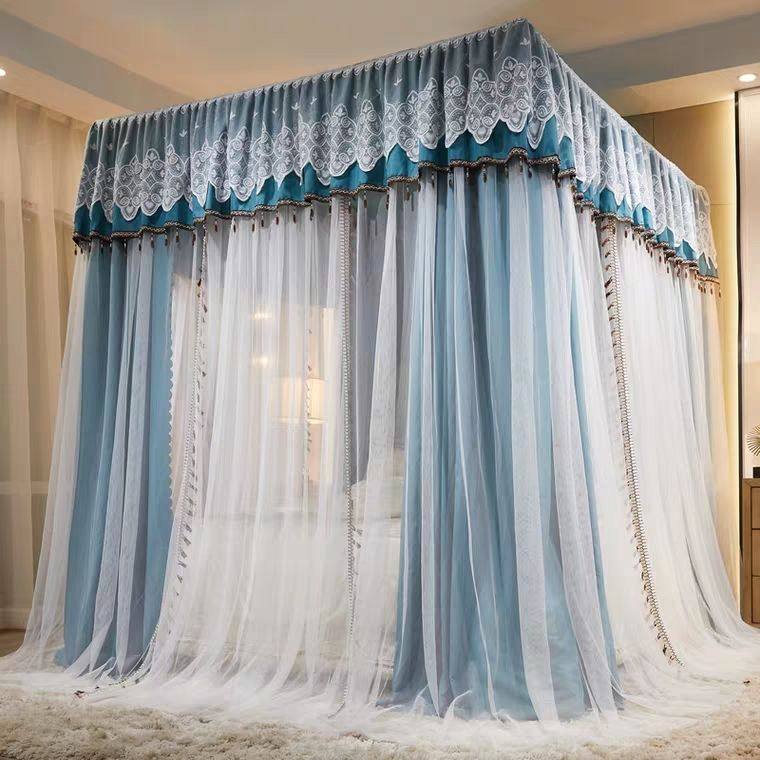 床帘蚊帐一体式家用卧室防尘顶物理遮光加厚落地公主风床幔带支