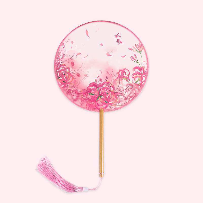 古装扇子走秀半透明团扇古风汉服丝质丝绢圆扇长柄舞蹈道具流苏扇