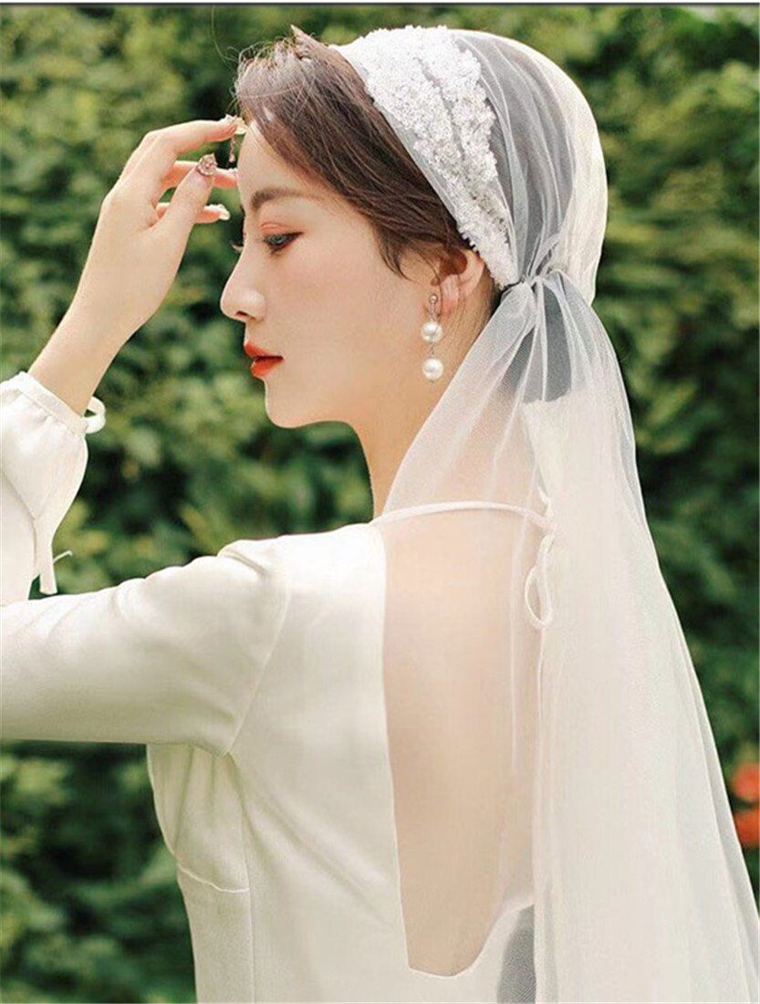 法式复古包头头纱中长款影楼拍照婚礼韩式超仙手工短头纱新娘结婚