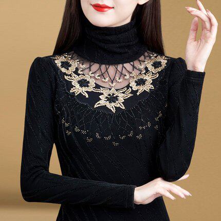 加绒加厚打底衫小衫女高档洋气女装2020新款冬装性感绣花蕾丝上衣