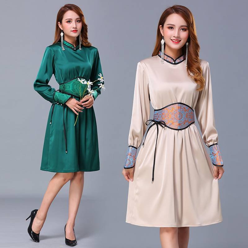 改良蒙古袍新款蒙古服装女现代日常生活装立领秋季蒙古元素连衣裙