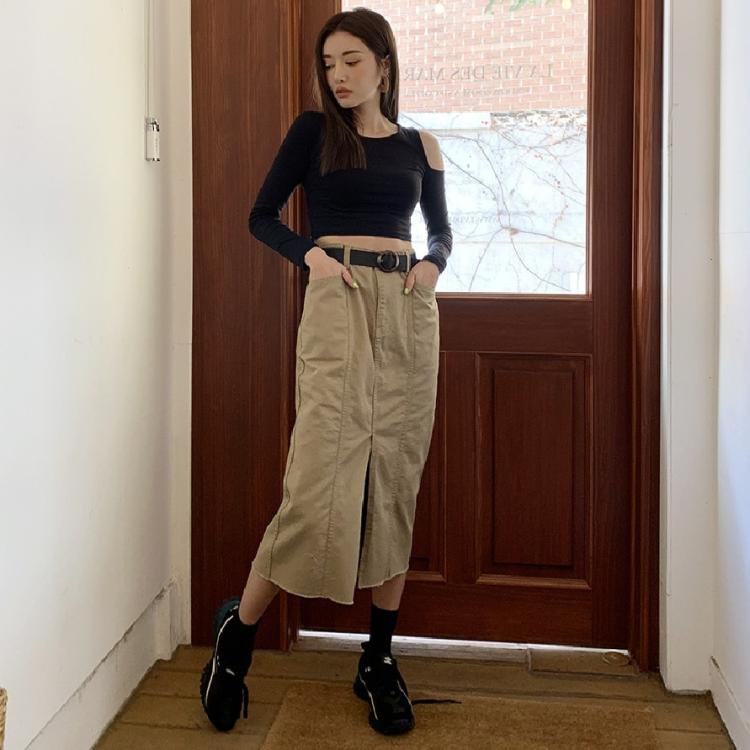 工装帆布裙2020春夏东大门非牛仔单扣门襟前开叉高腰中长款半身裙