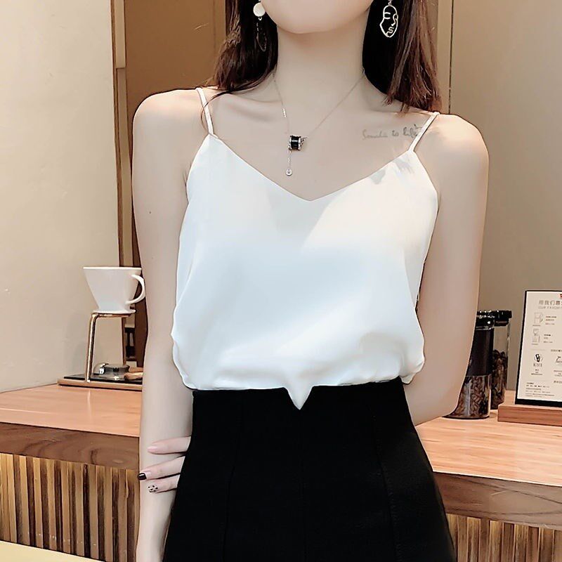 背心女内搭夏显胸小吊带外穿夏季打底衫性感ins风潮缎面v领雪纺衣