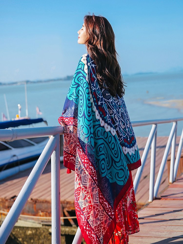 上海故事超大丝巾女夏季薄款防晒披肩民族风青海边旅游拍照沙滩巾