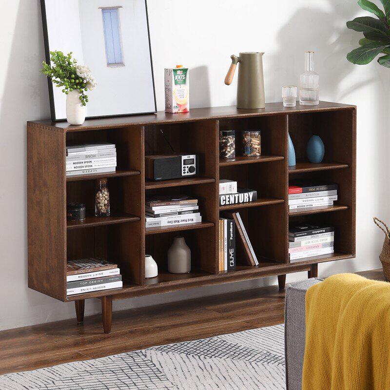 北欧榉木纯全实木置物架储物收纳柜子简约黑胡桃木色书柜家用书架