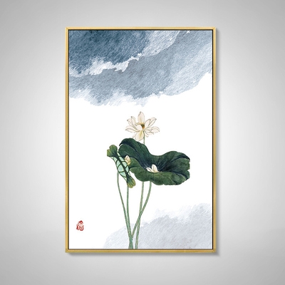 新中式手绘油画荷花装饰画三联画沙发背景墙挂画书房卧室壁画咏荷