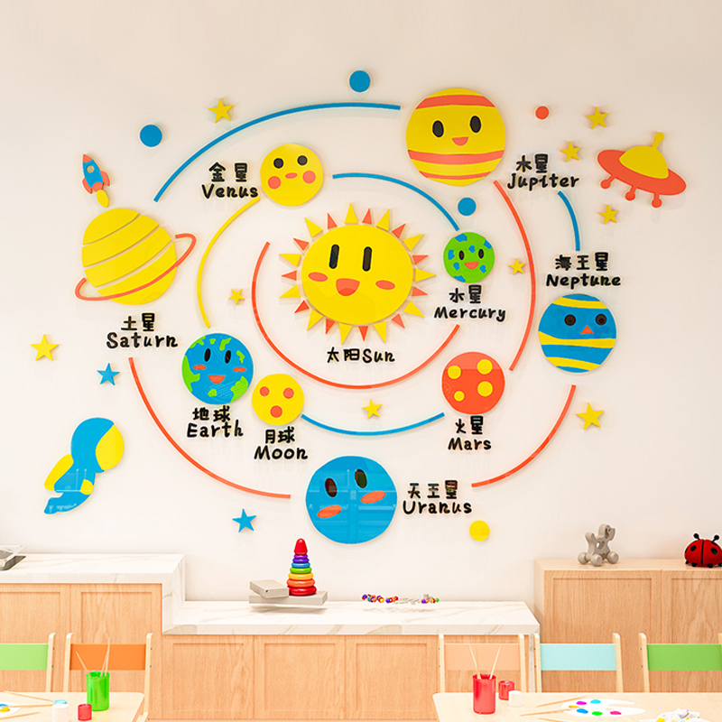 儿童房布置太阳系七大行星幼儿园教室文化墙面装饰卡通3d立体墙贴