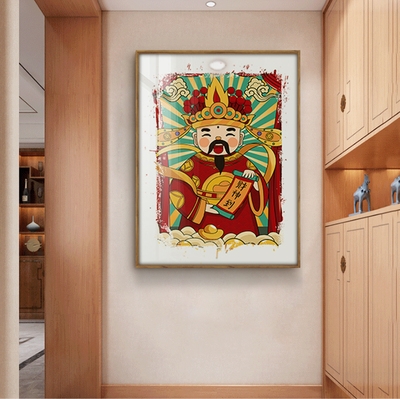 牛新年春节装饰画国潮财神爷到挂画灶王爷背景墙复古怀旧传统壁画