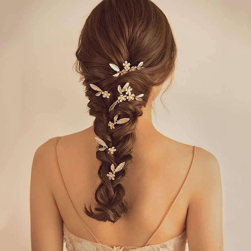 2021新款新娘头饰金色手工花朵发饰简单款时尚盘发结婚婚纱礼服配