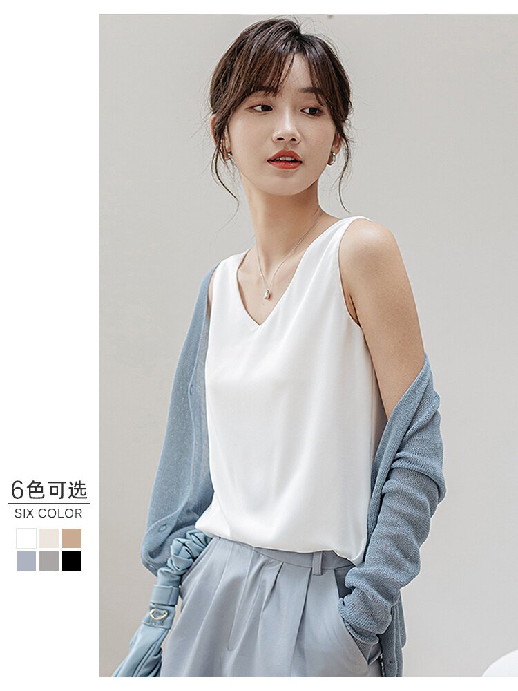 双层雪纺吊带背心女2021春夏v领宽松外穿内搭白色打底衫无袖上衣