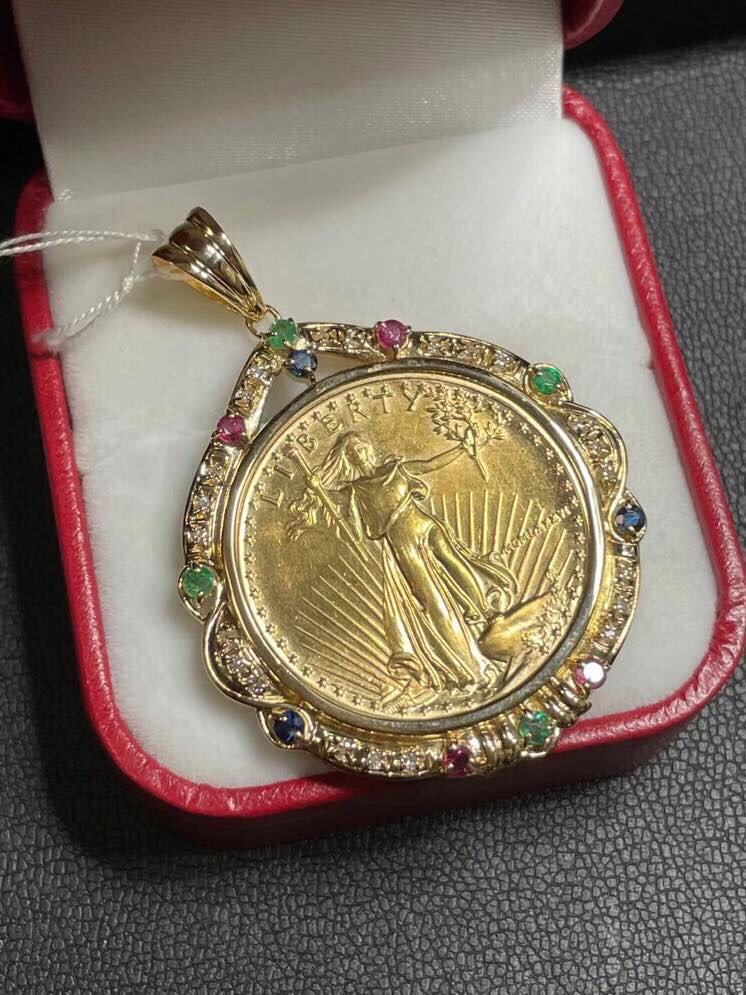 日本直邮中古二手回流18k黄金彩宝女王金币吊坠钻石078克拉重23g