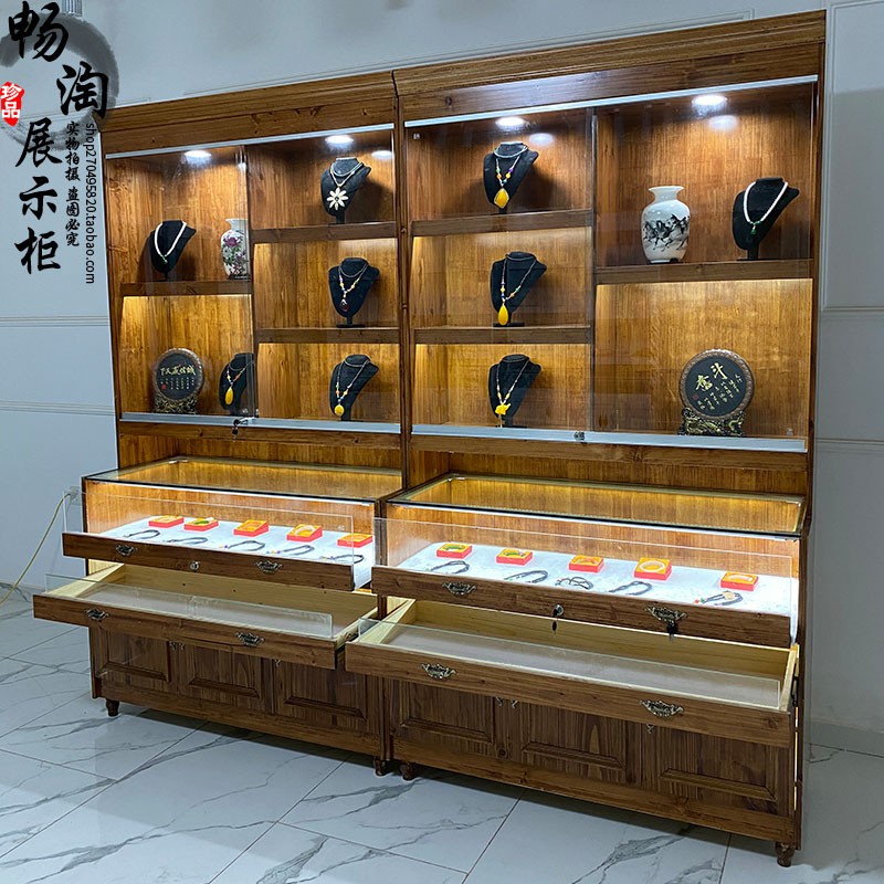 实木珠宝展示柜玉器陈列柜古董店玻璃高柜复古饰品首饰柜支持定制