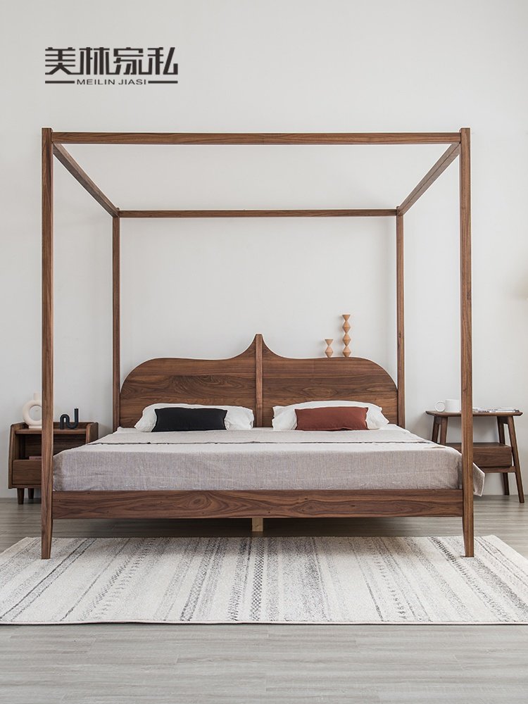美林家私黑胡桃木新中式架子床北欧实木原木双人床18米民宿家具