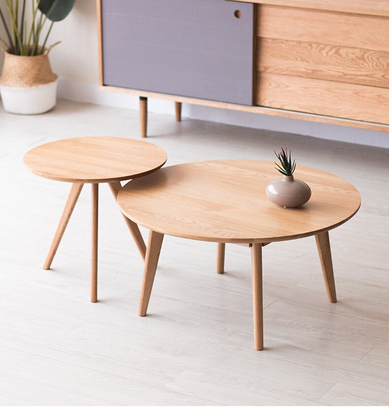 北欧实木茶几客厅组合电视柜白橡木圆形角几小户型大小圆形边几