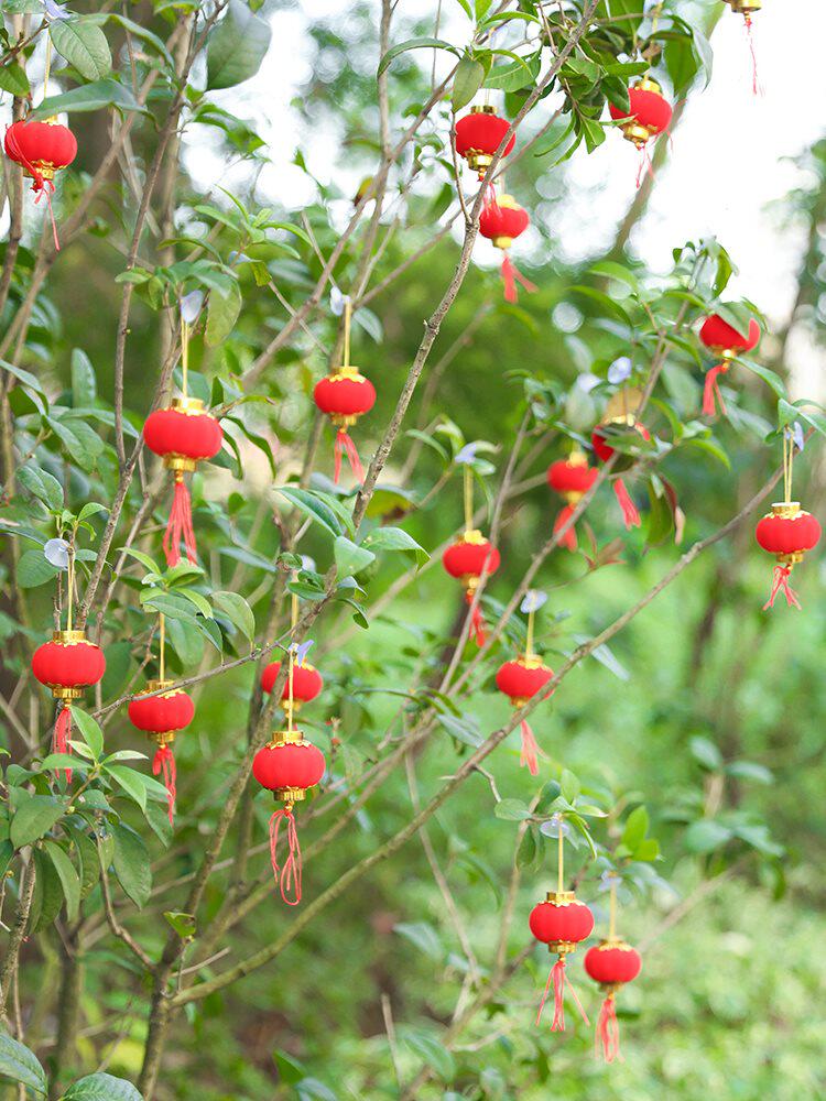 小灯笼挂饰节庆灯笼场景布置迷你盆景植绒室内树上连串挂件道