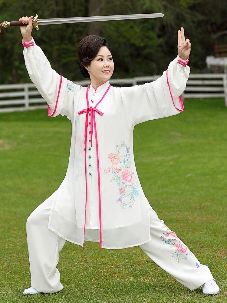 怡静悠新款彩绘太极服修身长款印花表演服春夏季晨练服武术服女款