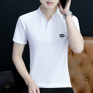 高品质立领白色短袖t恤男夏季新款V领潮流修身上衣服纯棉男polo衫