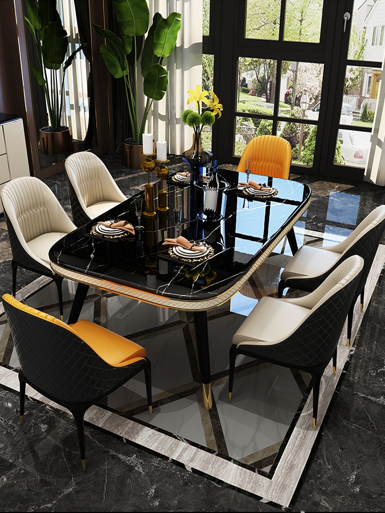 亮光岩板餐桌长方形家用高档大理石餐桌小户型餐厅多人餐桌椅组合