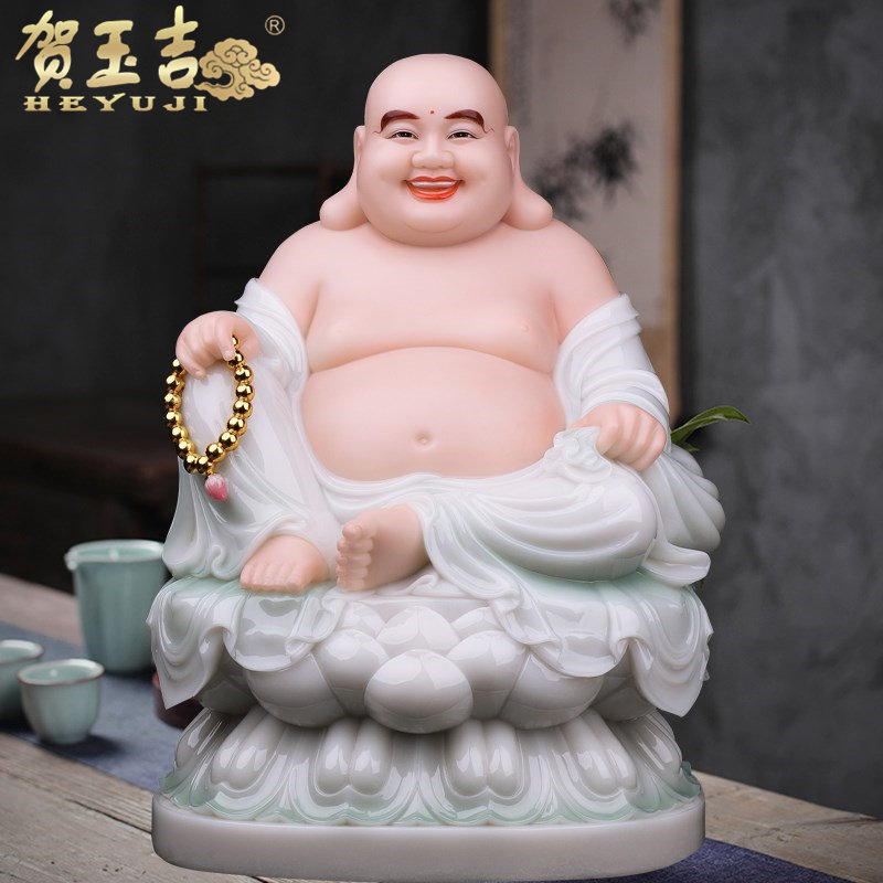 贺玉吉弥勒佛笑佛菩萨汉白玉石雕佛像大肚佛笑口佛摆放居家客厅桌