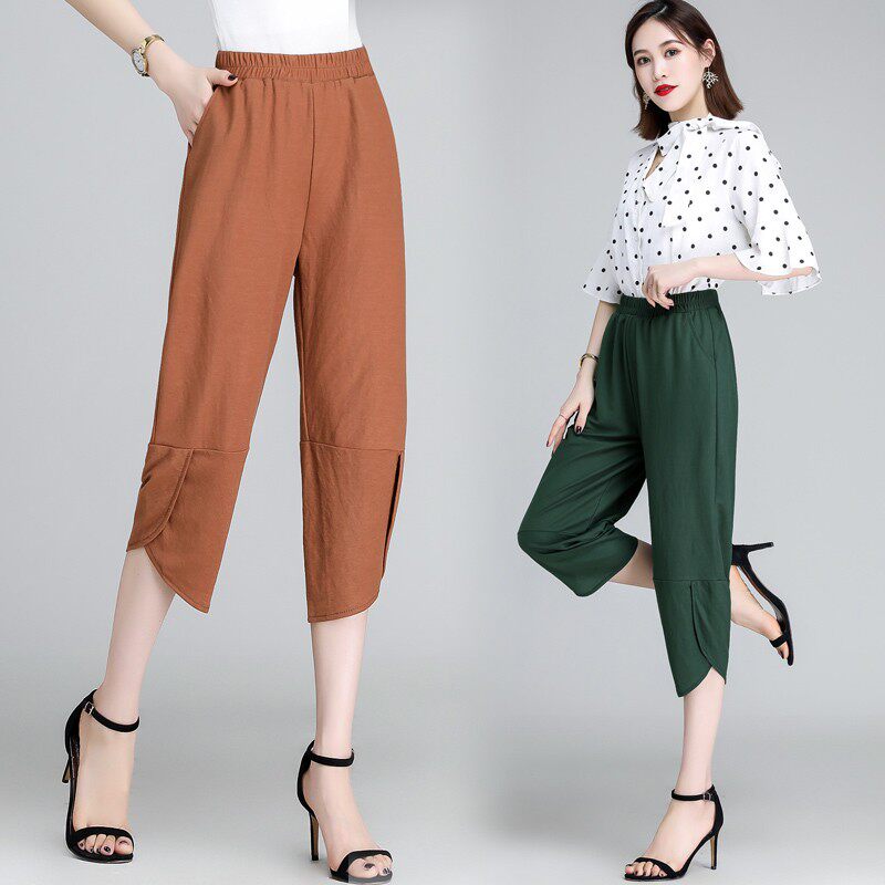 中老年女装夏天七分裤鱼嘴裤妈妈裤子2021新品减龄修身哈伦裤妇女
