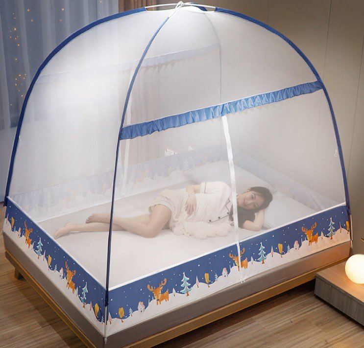 蒙古包蚊帐免安装有底双门双开门回底四方双开门双人床防蚊可拆洗