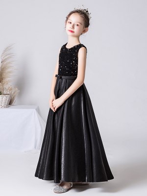 儿童礼服黑色女童宴会主持晚礼服学生钢琴演出服中大童音乐会长裙
