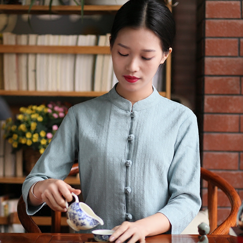 Retro Chinese style frog Tang costume Stand collar Chinese style shirt jacket Mid length version Zen tea servicein the Women's clothing/Boutique , Shirt category - from Buy2taobao.com to provide professional Taobao agent buy service