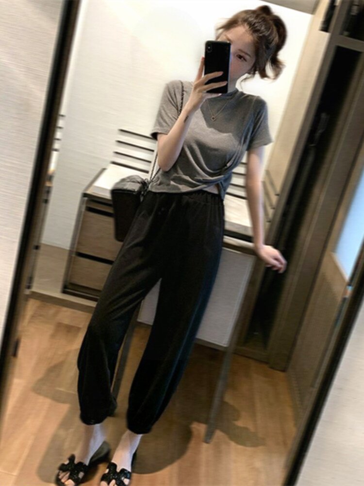 高腰灯笼裤套装女2021夏季新款小个子网红炸街时尚洋气休闲两件套
