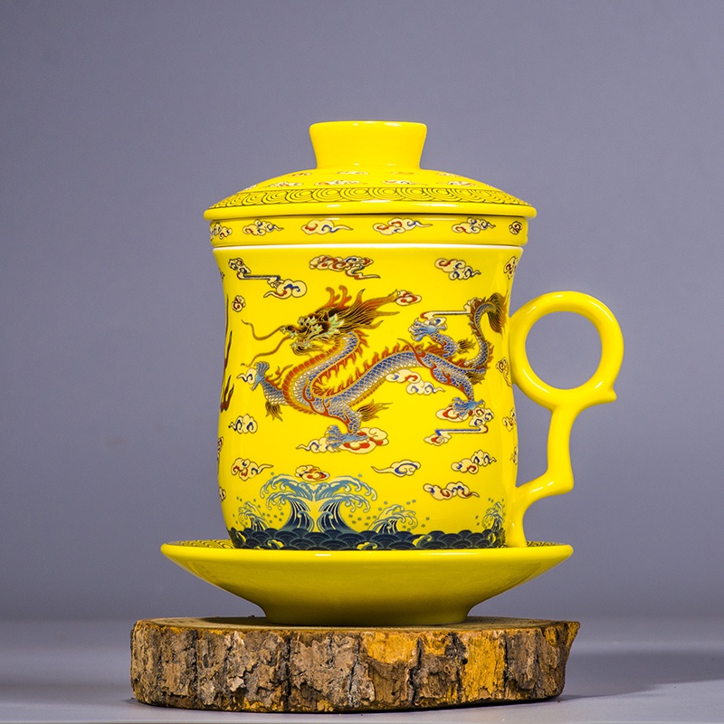 杯子带盖四件套陶瓷茶杯水杯办公室个人杯龙杯景德镇中国红色送礼