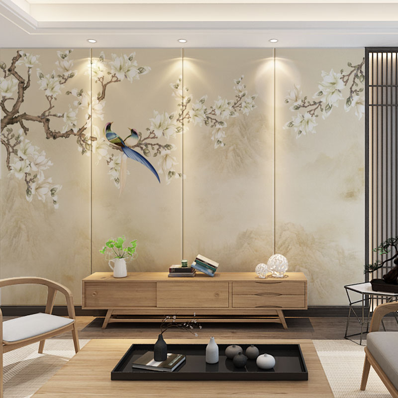 新中式硬包电视背景墙花鸟壁画2021定制床头软包皮革客厅卧室沙