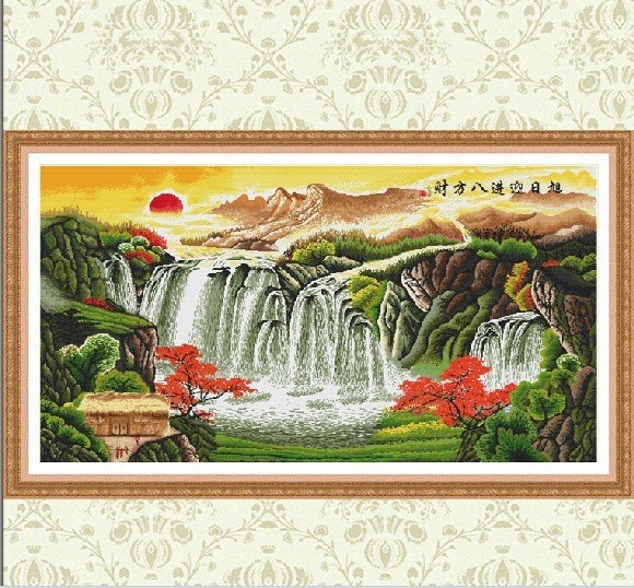 印花十字绣 100%精准_客厅大幅山水风景100%精准印花布旭日东升十字绣
