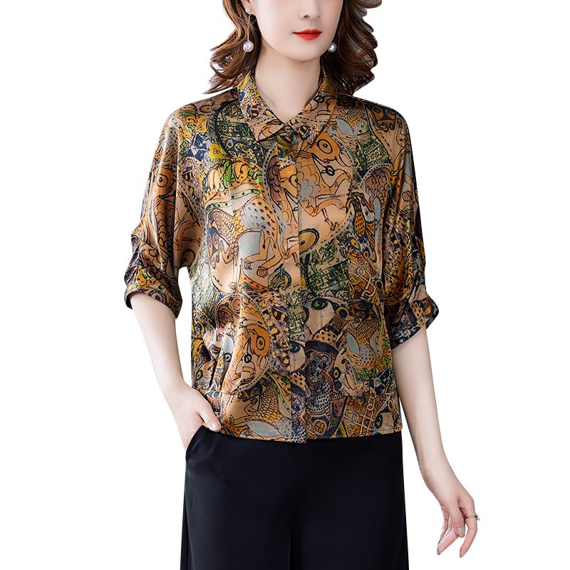 中老年妈妈真丝衬衫女士夏季短袖宽松高端重磅桑蚕丝短款上衣