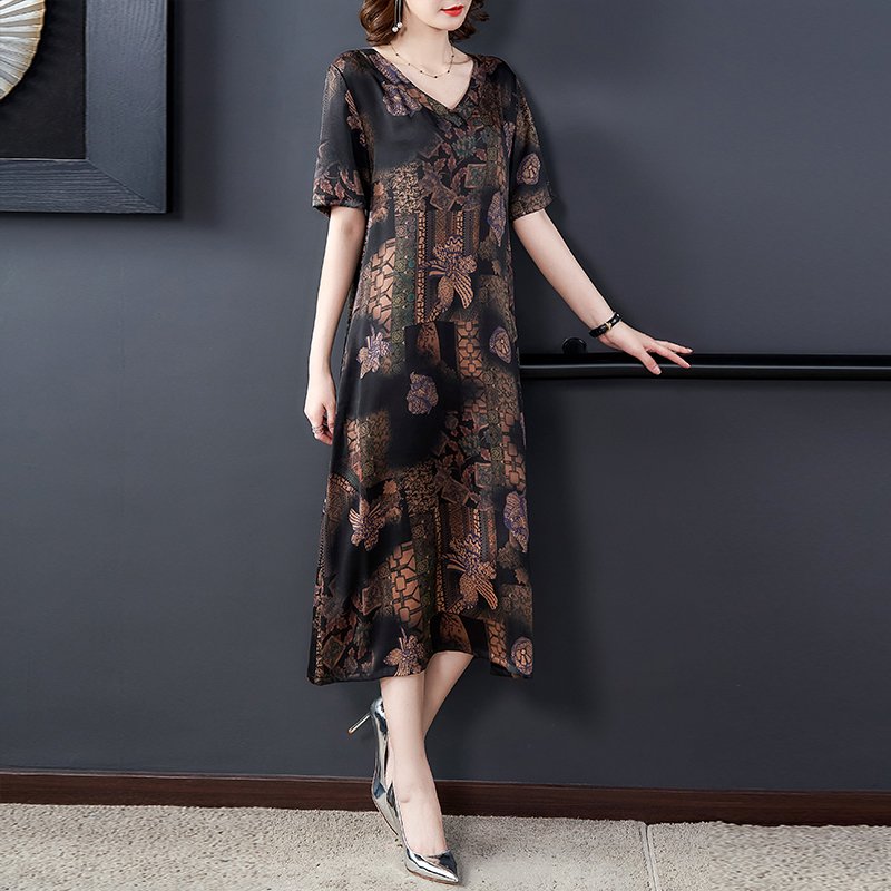 妈妈香云纱真丝连衣裙女品牌桑蚕丝印花宽松大码高档2021春夏新款