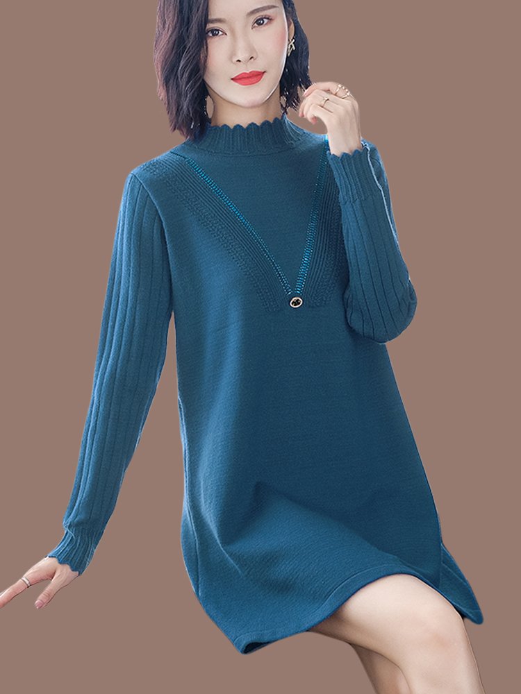 中长款毛衣女春秋季2020新款宽松外穿半高领针织长袖毛衣裙打底衫