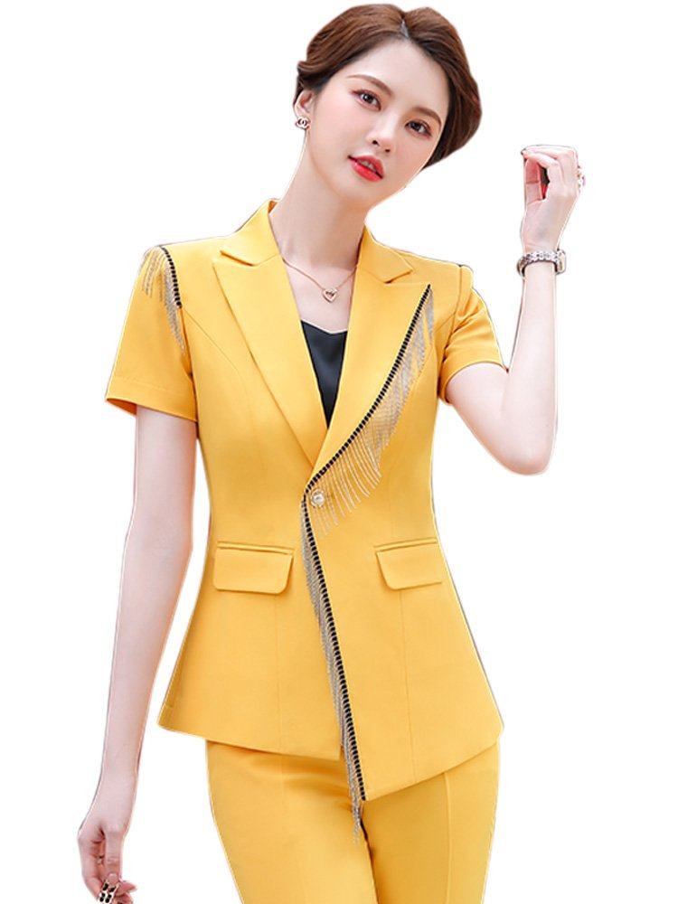 黄色西装外套女短袖夏薄款时尚设计感小众主持人正装职业西服套装
