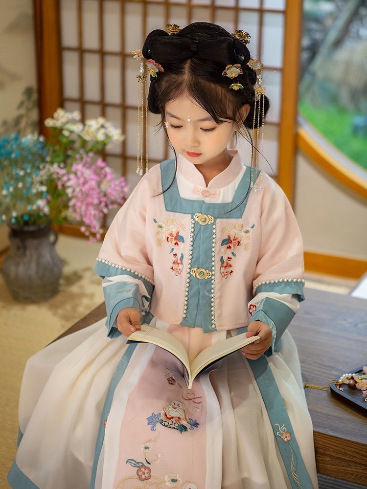 茗楠之家汉服女童春秋小女孩古风套装春装儿童明制古装中国风仙女