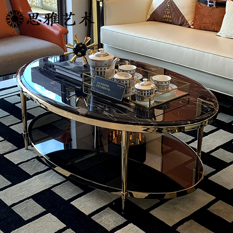 轻奢茶几椭圆形后现代大理石圆弧造型茶几不锈钢金属茶桌会客家具
