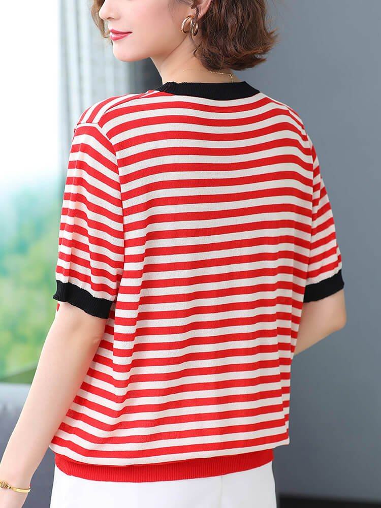 年轻妈妈短款条纹格子短袖t恤小衫女薄款宽松冰丝针织衫上衣体恤