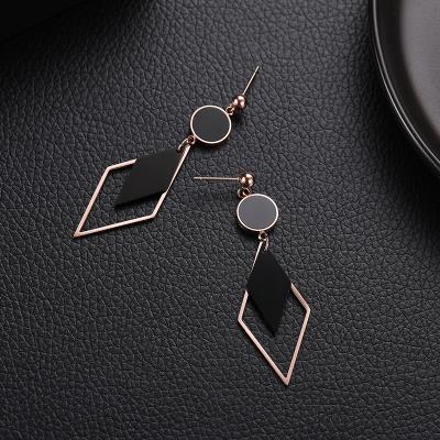 钛钢黑色几何菱形耳环女长款气质韩国个性简约圆牌耳坠耳钉