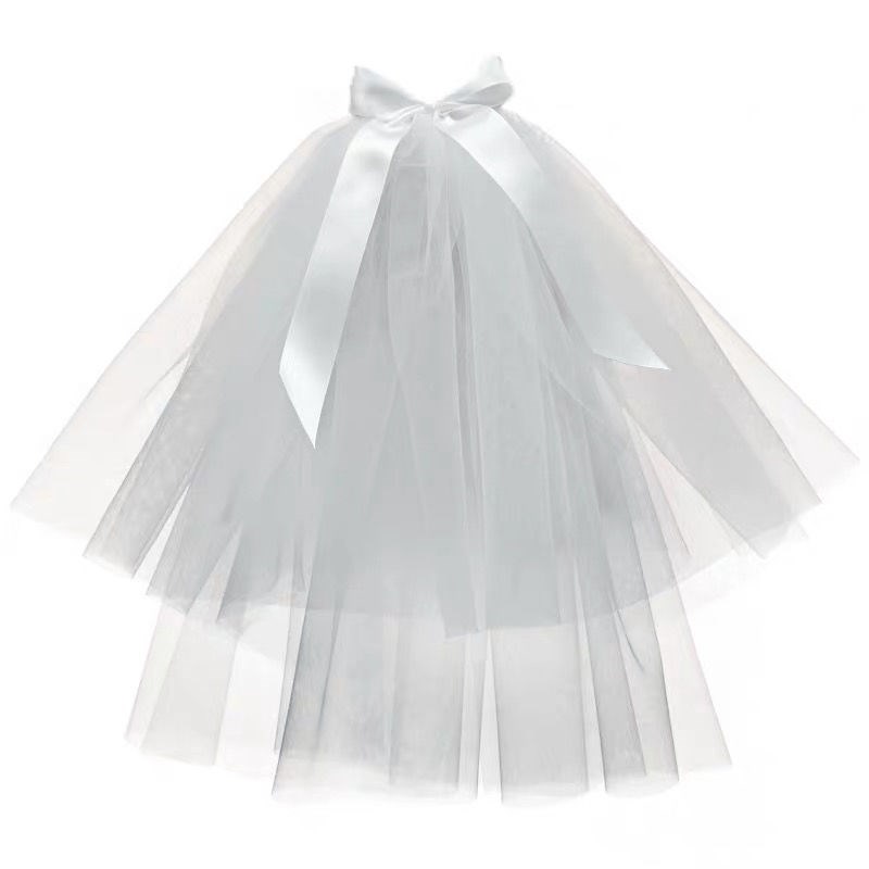 双层白色短款旅拍头纱蝴蝶结婚纱照摄影道具婚庆新娘头饰网红拍照