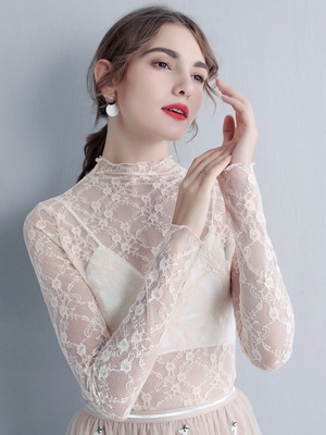 高领白色透明蕾丝上衣图片