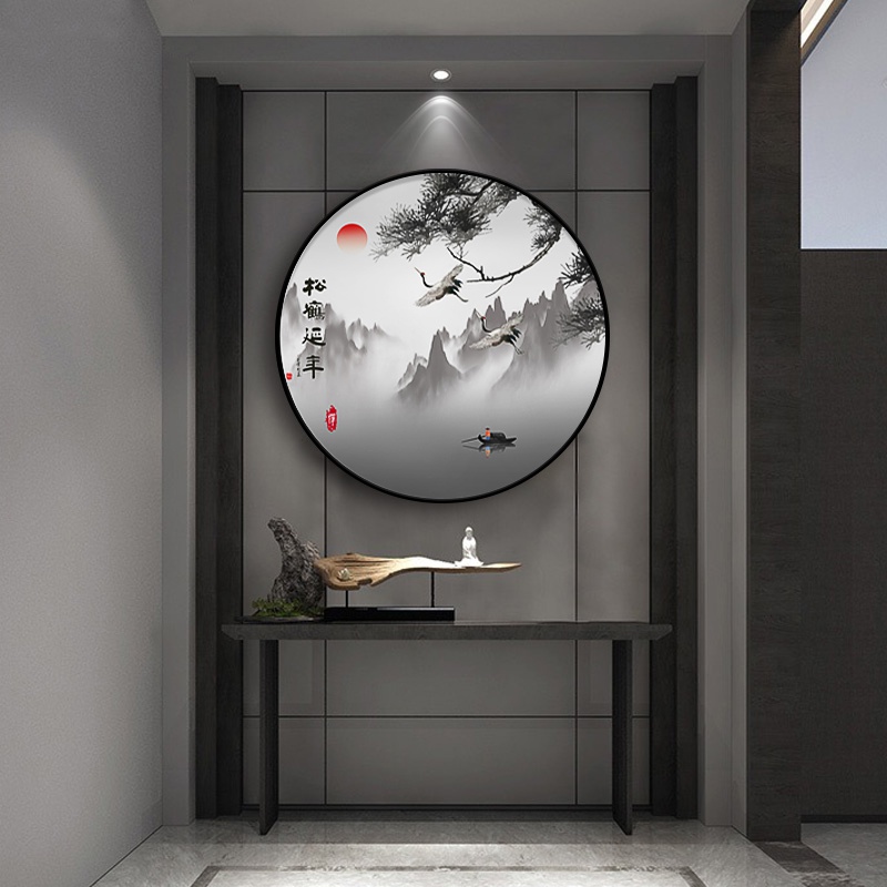 新中式圆形玄关走廊过道装饰画中国风油画餐厅客厅山水茶室壁挂画