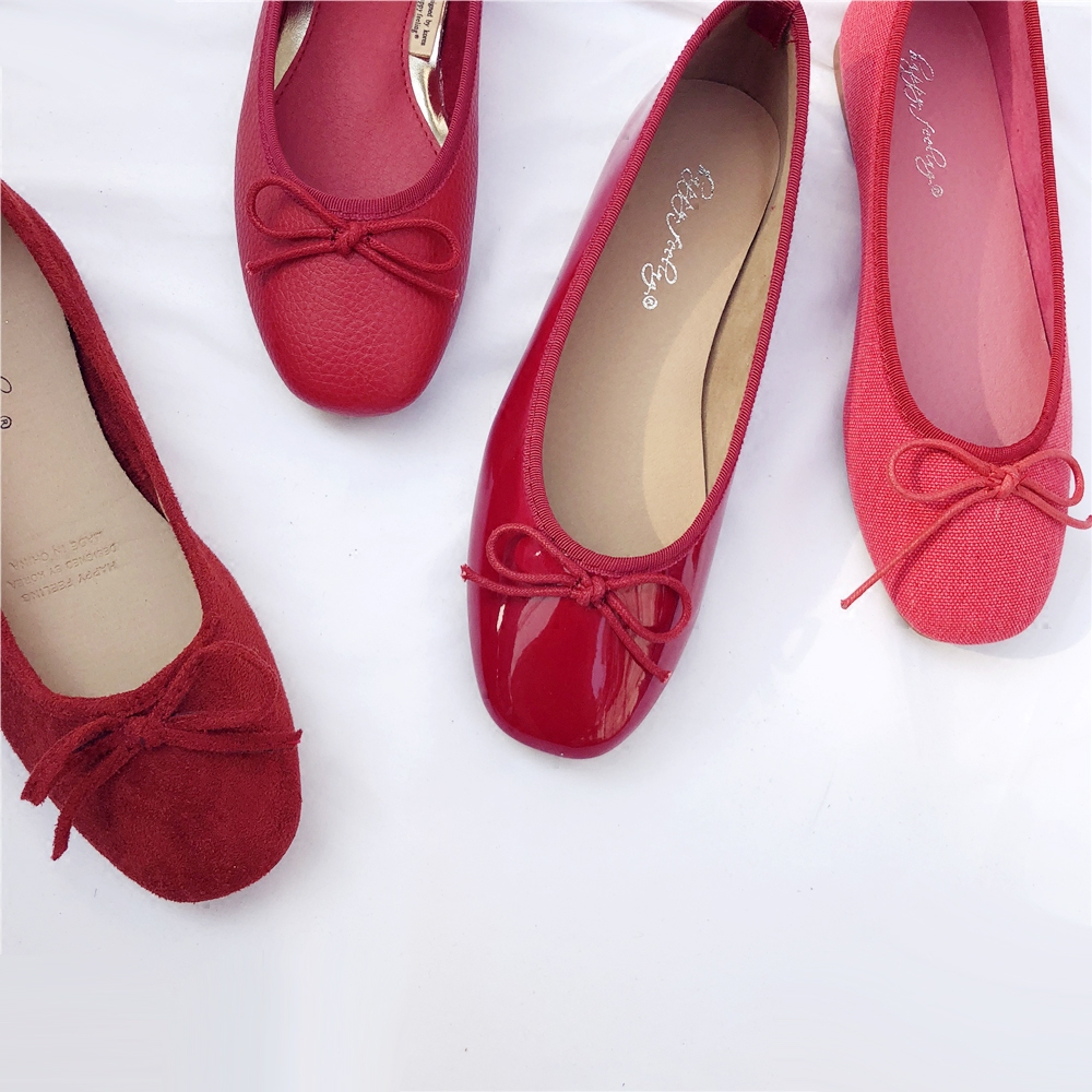 chic韩风红红火火的红色系甜美小红鞋蝴蝶结婚鞋平底鞋孕妇鞋单鞋