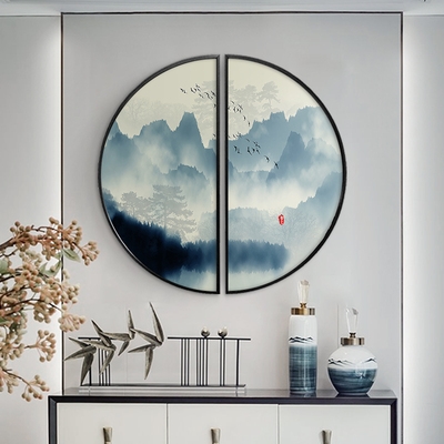 新中式装饰画禅意玄关挂画山水画客厅背景墙茶室餐厅饭厅壁画圆形