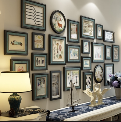 复古照片景实组相框墙木合客厅免打孔装饰画框挂墙美式做旧背墙墙