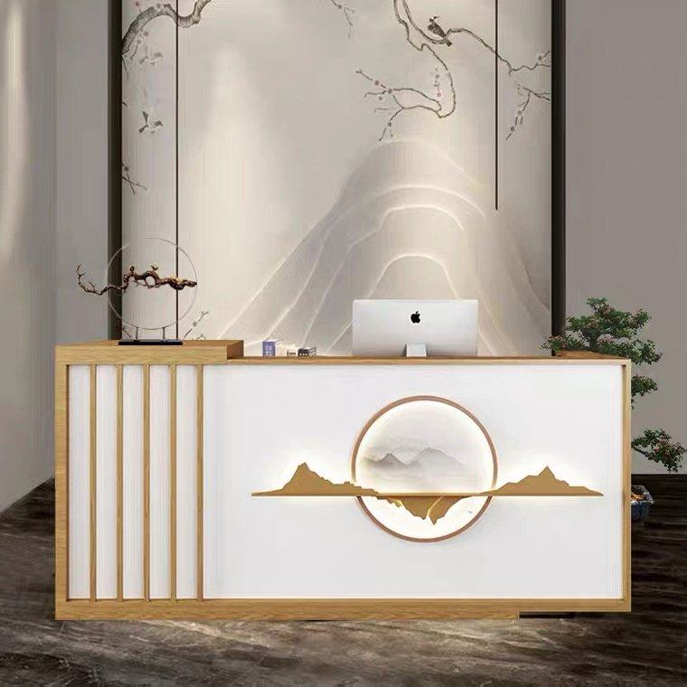 美容院新中式吧台收银台公司餐厅会所前台接待台茶楼养生复古柜台