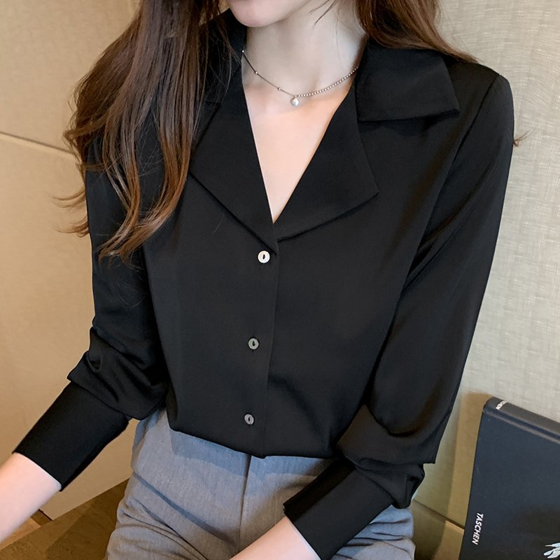 黑色雪纺衬衫女复古港味2021春秋新款长袖西装领职业衬衣气质上衣